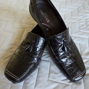 Womens Sesto Meucci Black Crocodile Pattern Loafers, made in Italy. sz 10N